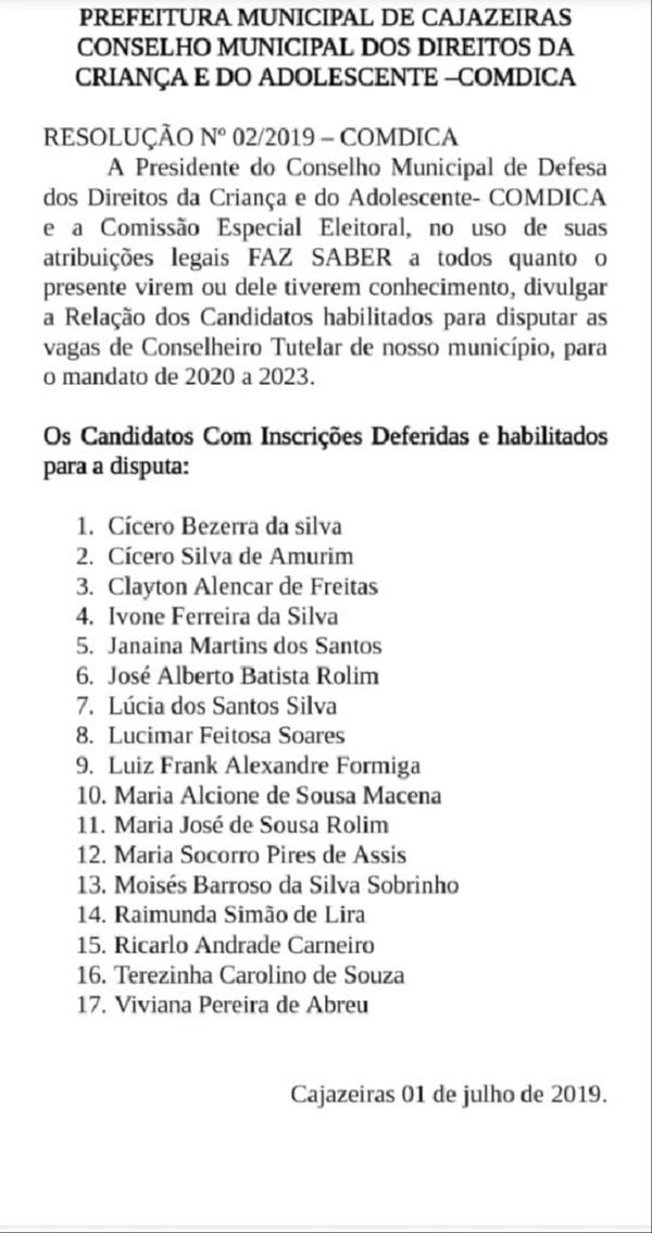 Comdica divulga relação dos candidatos a conselheiros tutelares e 17 nomes estão habilitados a disputar as 5 vagas